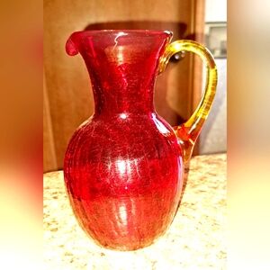 Gorgeous Amberina Crackled Small Pitcher With Applied Yellow Handle